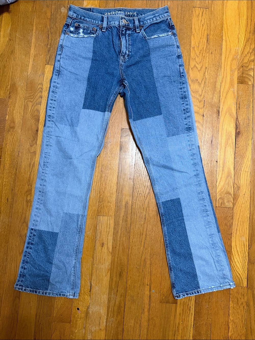 American Eagle Outfitters Two-Tone Blue Patchwork Flare Jeans